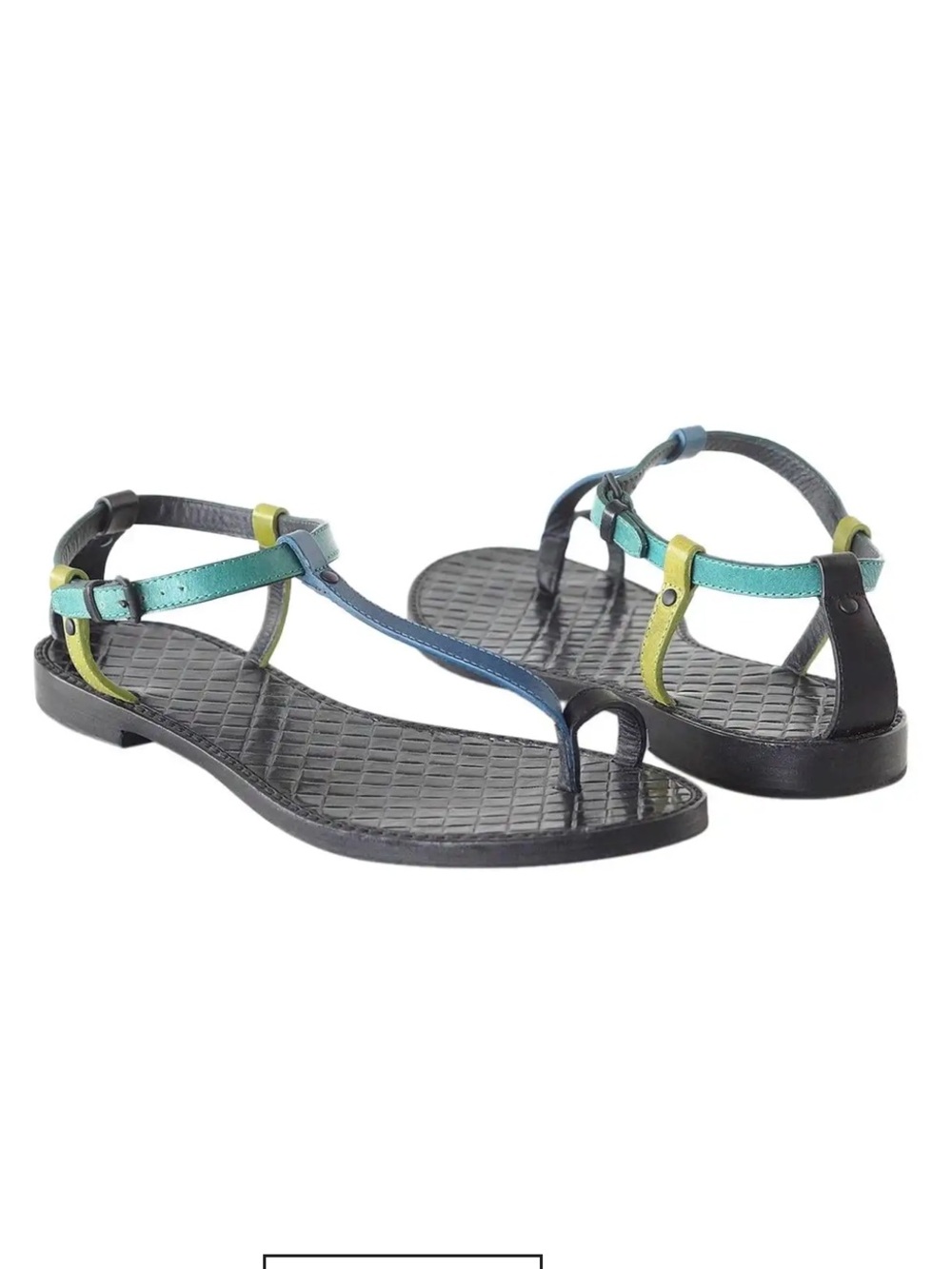 Bottega Veneta Leather Teal Blue Green T Strap Flat Sandals